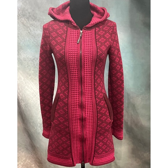 Athleta Sweaters - Athleta‎ Pink Burgundy Wool Blend Hooded Long Cardigan Sweater XXS